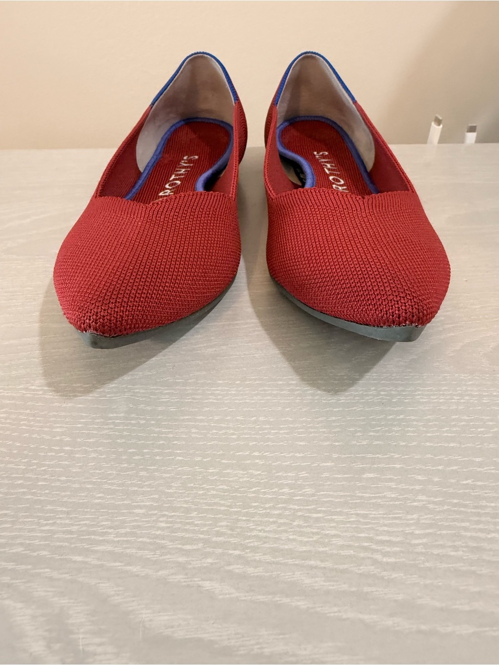 Rothy's Red Pointed-Toe Knit Flats with Blue Trim - Picture 7 of 11
